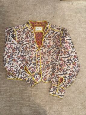 Free People LLani Cream Quilted Floral Jacket with Yellow Trim